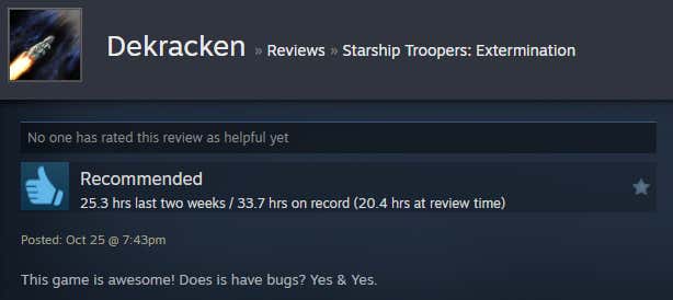 Image of an article titled Starship Troopers: Extinction from a Steam review